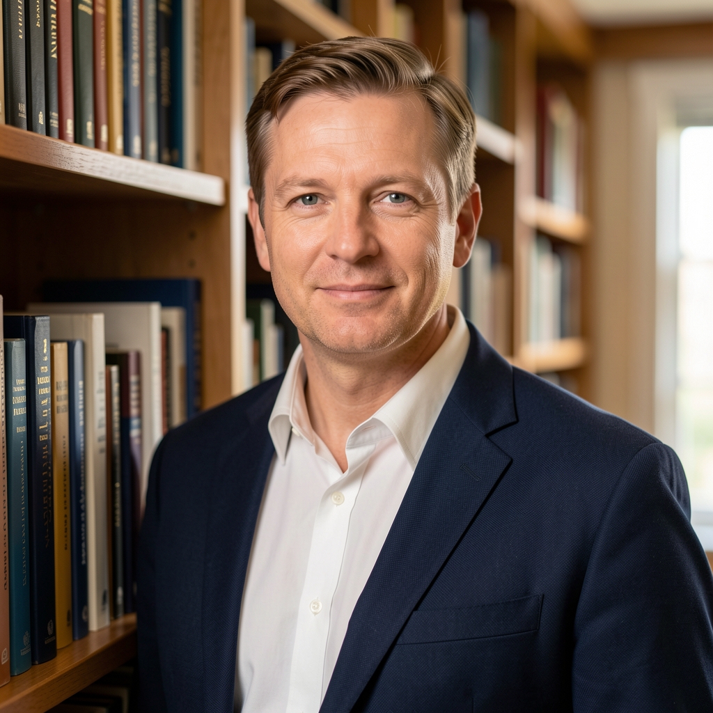Editorial portrait of Tobias Ashcroft, contributing writer at Flarond Almanac, photographed in a study environment with warm ambient light