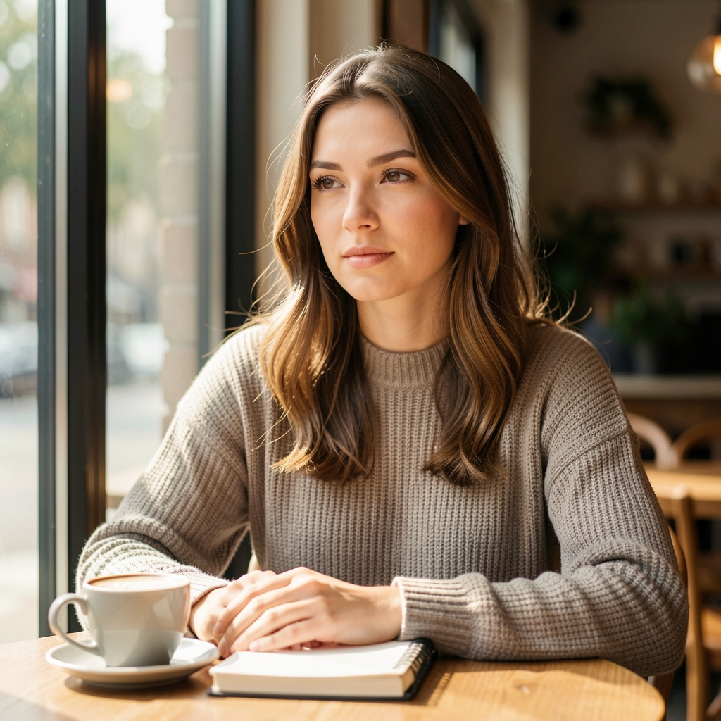 Portrait of a woman in her late twenties seated at a sunlit cafe table with a notebook and coffee, relaxed and thoughtful expression, natural outdoor light diffused through glass