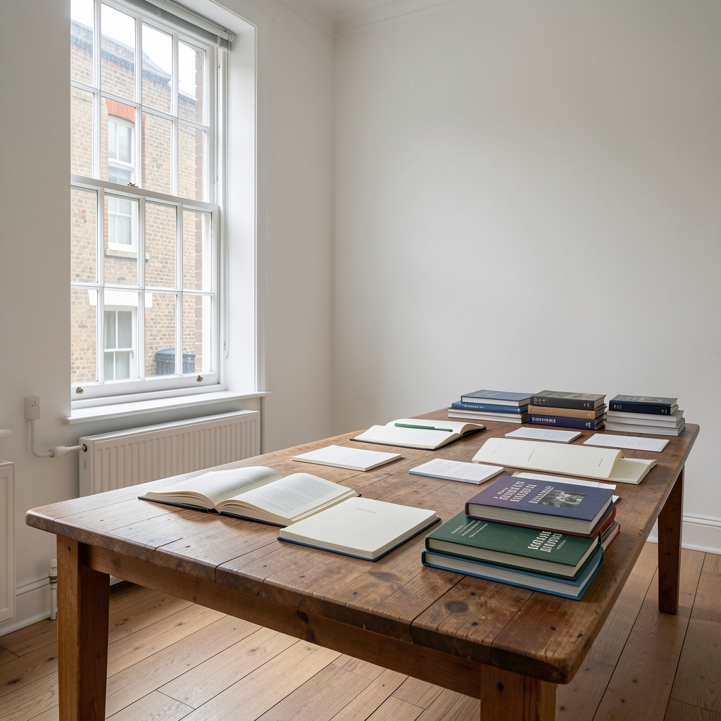 A quiet editorial room with tall white walls, a long wooden table set with open notebooks and stacked research journals, clean natural light through large sash windows in a Clerkenwell townhouse