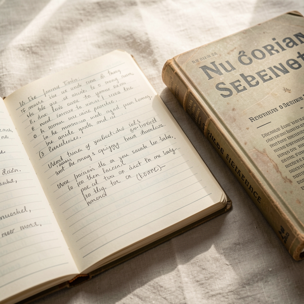 Detail of an open editorial notebook with handwritten annotations, a well-worn copy of a nutritional science reference book beside it, soft morning light on a pale linen surface