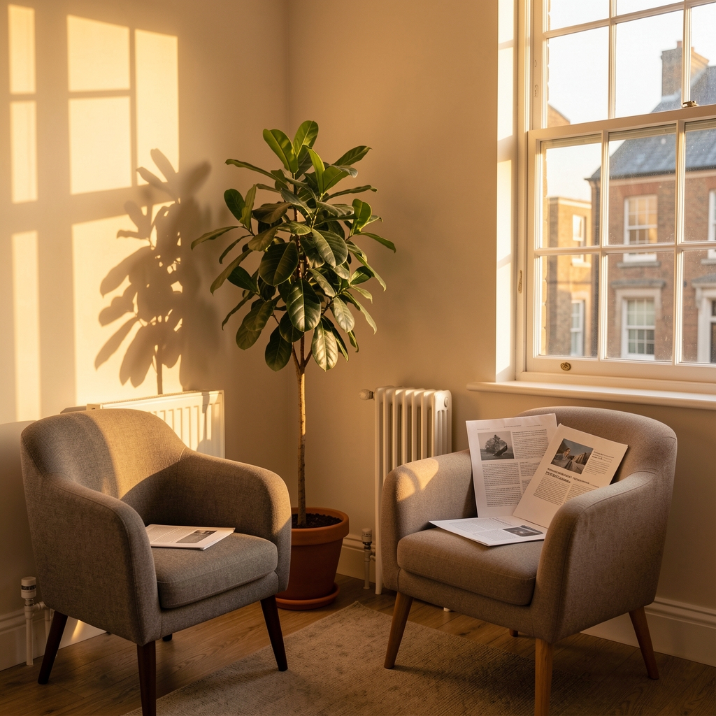 A corner of a London editorial office in late afternoon light, a potted plant beside a radiator and two upholstered chairs with research printouts, warm amber tones