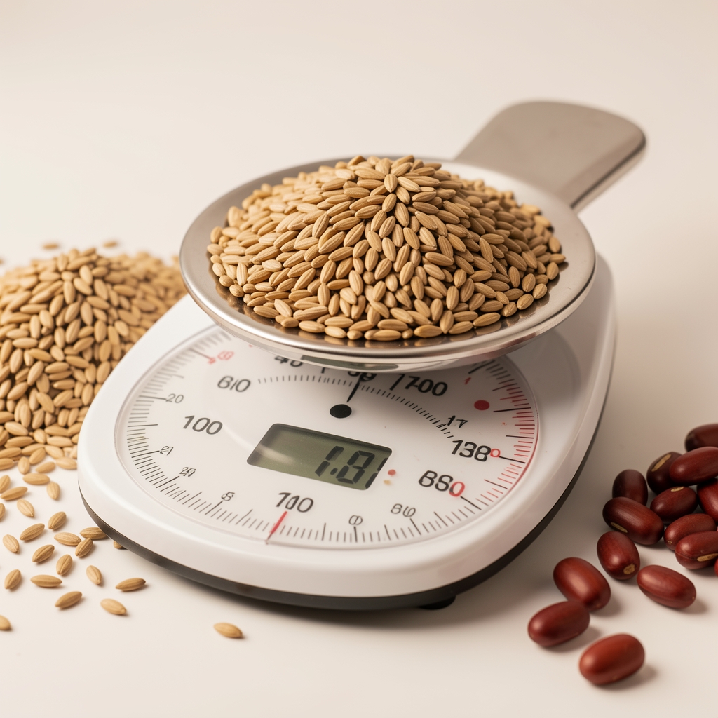 Close-up of a kitchen scale with whole grains and legumes arranged on a clean white surface in warm studio lighting, representing macro balance and portion structure