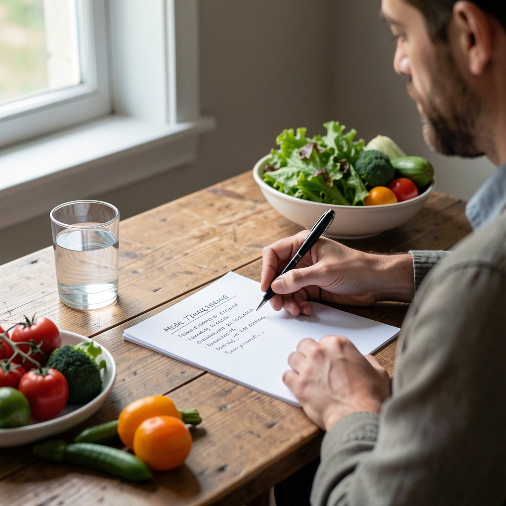 A person seated at a wooden table reviewing handwritten meal timing notes beside a glass of water and seasonal vegetables, daylight from a nearby window