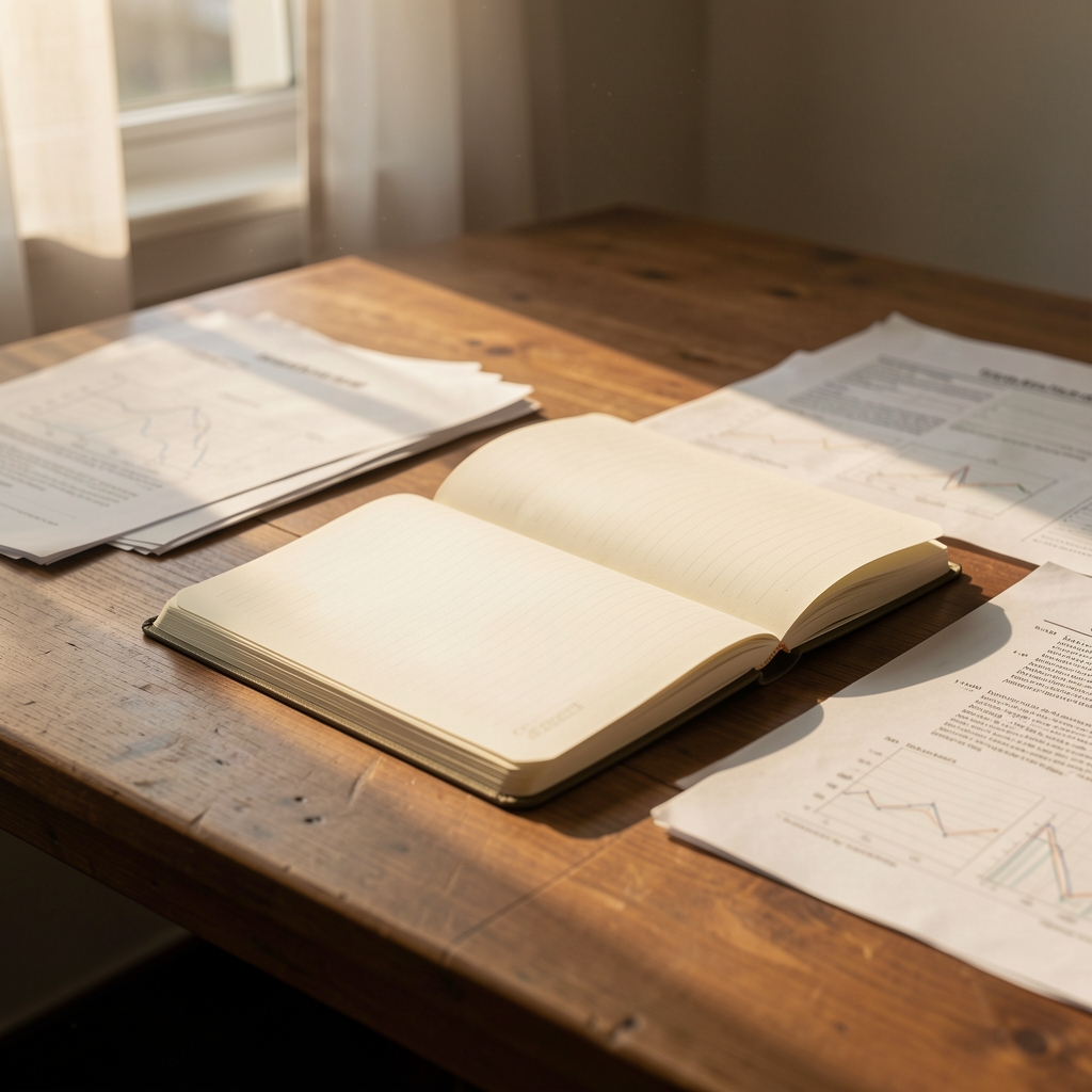 Early morning light filtering across a wooden desk with an open notebook and scattered research papers, warm natural tones