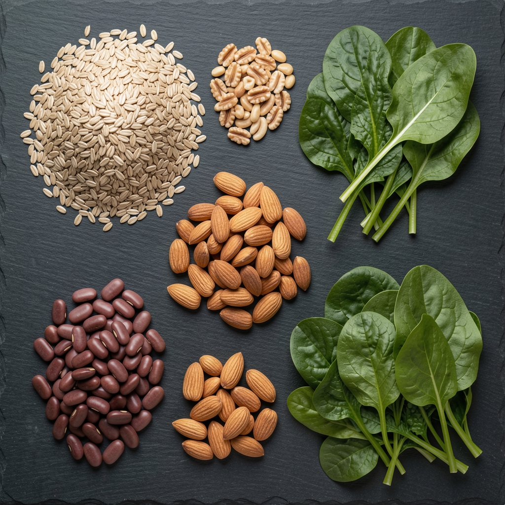 A flat-lay of foods representing different macronutrient categories — whole grains, legumes, nuts, and leafy greens — on a slate surface under diffused overhead lighting