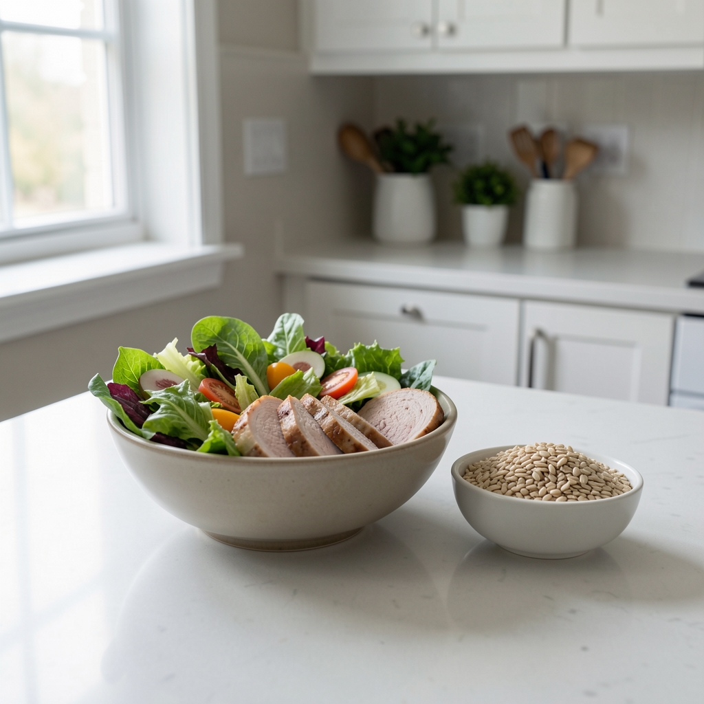 A clean kitchen counter with a bowl of mixed salad, sliced protein, and whole grains, natural light streaming through a window to the left, representing balanced meal composition