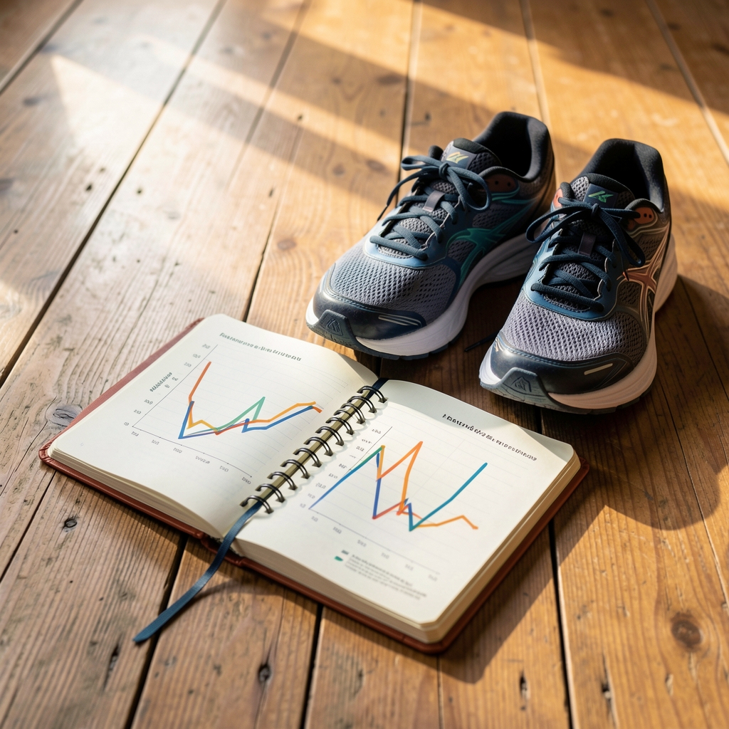 A pair of running shoes beside a journal open to a graph page, resting on wooden floorboards in morning light, representing the intersection of movement and metabolic tracking